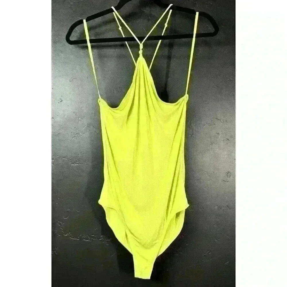 FRAME Knotted jersey bodysuit Large snap closure NWOT Yellow Lime Green BRAT